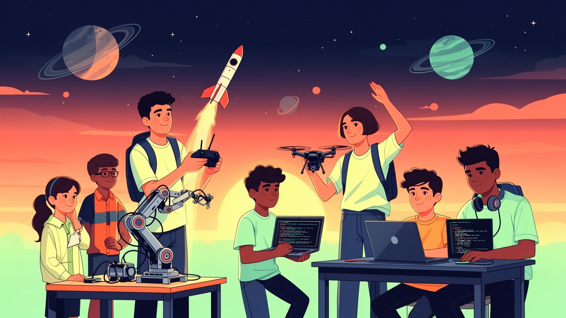 Diverse kids launching a rocket, flying a drone, holding a robot and using a laptop